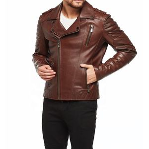 Veste en cuir marron pour homme grande taille, style motard, fermeture éclair, cuir véritable, pour l'hiver - Product Image 1