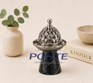 Quemador de incienso de mármol natural de lujo con tapa de metal plateado, incensario árabe moderno hecho a mano para fragancia del hogar con Oud. - Product Image 6