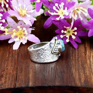 Bague ajustable en argent sterling 925 avec pierre précieuse turquoise bleue naturelle, gravée, bijou artisanal de haute qualité - Product Image 1
