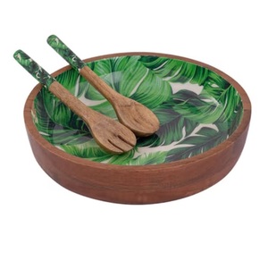 Wooden Bowl Salad Or Fruits Serving Bowl <b>Sticker</b> Printed Enamel Mango Wood Bowls With Spoon Enamel Printed - Product Image 3