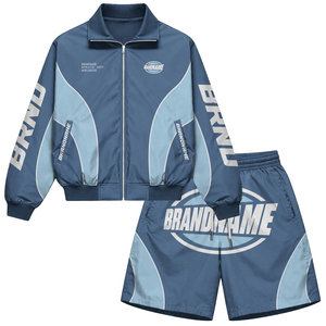 Ensemble veste et short de sport pour homme, bleu, en polyester à séchage rapide, pour le printemps, en satin tissé respirant, vêtement de sport décontracté à fermeture éclair - Product Image 1