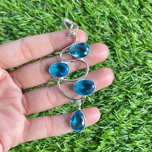 Blue Topaz 925 Sterling <b>Silver</b> Gold Plated Vintage Handmade Pendant Necklace Natural Gemstone Jewelry Gift for Women - Product Image 1