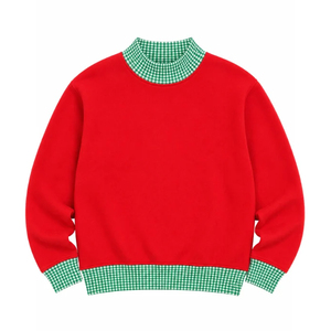 Sweat-shirt personnalisable rouge de Noël à col montant pour femme, pull en molleton oversize uni avec bordure contrastante à carreaux, idéal pour les fêtes - Product Image 3