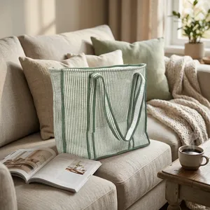 Sac fourre-tout en toile rayé vert et blanc pour femme, style bohème vintage, avec poches intérieures, léger, réutilisable, de haute qualité - Product Image 4