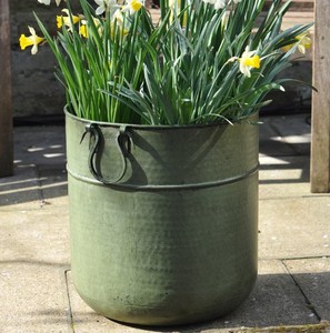 Vintage Galvanized Metal Outdoor Verdigris tall metal Garden Planter Pot With Iron Handles <b>Large</b> Round Green <b>Plant</b> Container - Product Image 1