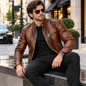Veste de motard en cuir de serpent marron pour homme |   Veste en cuir véritable à fermeture éclair avec détails embossés et doublure respirante | - Product Image 4