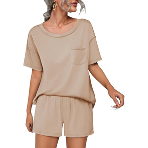 Women's Blue 2-Piece <b>Knitted</b> <b>Set</b> Short Sleeve O-Neck Top With Pocket Loose Fit Shorts Solid Color Breathable Spring Summer - Product Image 6