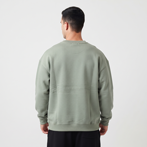Sudadera Oversize para Hombre con Hombros Caídos, Venta al por Mayor, Alta Calidad, Estampado Personalizado, Verde Salvia Sólido, Algodón, Cuello Redondo, Bordada - Product Image 4