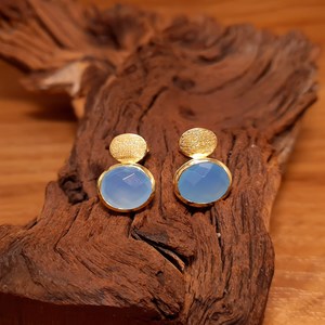 Natural Chalcedony <b>Stud</b> Earrings 925 Sterling <b>Silver</b> 14K Gold Plated Blue Gemstone Oval Faceted Satin Jewelry - Product Image 2