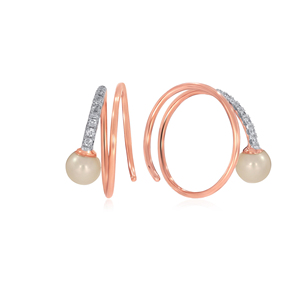 Boucles d'oreilles élégantes en spirale avec diamants, plaquées or rose, perles et accent de diamant taille brillant rond, classiques pour femme, à porter au quotidien - Product Image 3