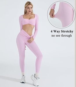 Ensemble de vêtements de sport extensibles pour femme, haut court à manches longues et leggings, léger, pour la course à pied et la gym - Product Image 5