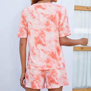 Women's <b>Tie</b> <b>Dye</b> Short Sleeve Loose Fit 2 Piece <b>Set</b> O Neck Cotton Knitted Casual Summer Shorts Outfit With Pocket - Product Image 2