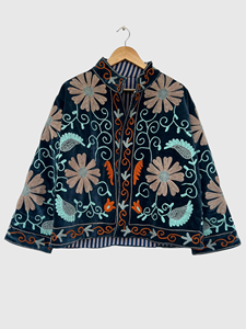 Veste en velours brodée de fleurs, col mandarin, manches longues, grande taille, vêtements d'automne pour femmes - Product Image 1