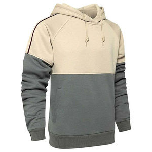 Sweat-shirt à capuche colorblock pour homme, beige et anthracite, en molleton, avec empiècements contrastants, épaules tombantes, logo personnalisé, décontracté, vente en gros - Product Image 2