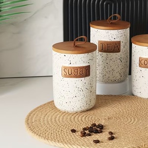 Ensemble de pots de rangement de cuisine à finition mouchetée avec couvercle en bois et étiquette en relief, organisateur de comptoir moderne pour thé, café et sucre - Product Image 3