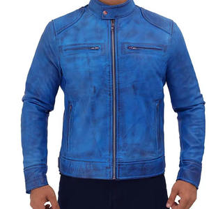 Custom Men Vintage Blue Distressed Genuine Leather Jacket Slim Fit Biker Motorcycle Racer <b>Coat</b> <b>Stand</b> Collar Fashion Outerwear - Product Image 6