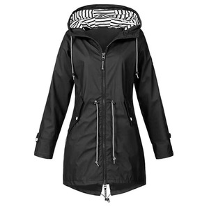 Impermeable para mujer, chaqueta de lluvia con capucha de longitud media, rosa, azul, verde, rojo, negro, azul marino, cortavientos para exteriores, abrigo con cremallera - Product Image 4