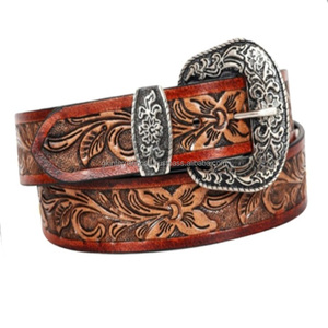Cinturón de herramientas de cuero occidental genuino marrón grabado floral personalizado para hombres y mujeres con hebilla de vaquero de diseñador y lazo - Product Image 6