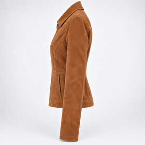 Veste moto en daim synthétique marron pour femme, à franges, embossée, col rabattu, fermeture éclair, manches longues, style décontracté, doublure en laine pour l'automne - Product Image 4