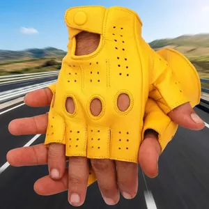 Yellow Half Finger Sheep Leather Cycling <b>Gloves</b> Breathable Button Closure Unisex Summer Riding <b>Gloves</b> - Product Image 5
