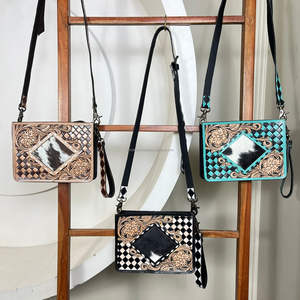 Western Hand Tooled Genuine Leather Mini Bag With Floral Carving Checkered Cowhide Leather Women Crossbody Sling Wristlet Purse - Product Image 5