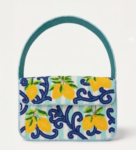 Sac à main artisanal brodé de citrons et perles, motif floral bleu et jaune, sac bandoulière pour femme, accessoire textile style art populaire - Product Image 2