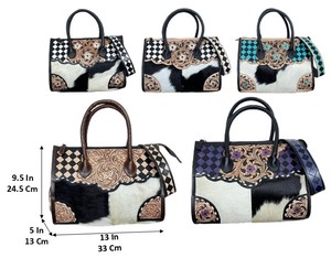 Sac à main en cuir à bandoulière Western à carreaux violets et noirs, fait à la main, pour femmes, en cuir de vache à poils, sacs à main de luxe de créateur - Product Image 2