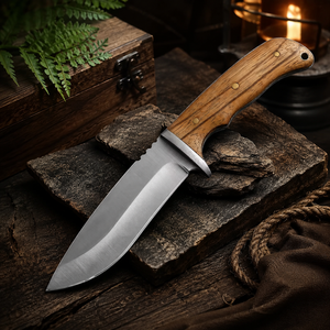 Couteau à lame fixe en acier inoxydable fait main avec manche en bois naturel, couteau de chasse et de camping d'extérieur, couteau Bowie, OEM/Personnalisé - Product Image 1