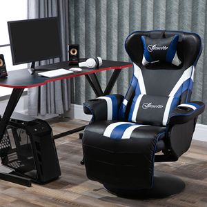 Sedia da gioco reclinabile in stile Racing con supporto lombare e portabicchieri in nero/bianco/blu - Product Image 2