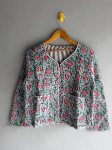 Floral Quilted Cotton Jacket V Neck Three Quarter Sleeve Prairie Chic Open Stitch Design Patch Pockets Spring Wear gift for her - Product Image 1