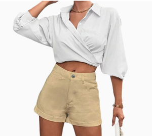 White Cropped Blouse With Beige High Waist Shorts <b>Set</b> Casual Summer Outfit Womens Fashion - Product Image 1