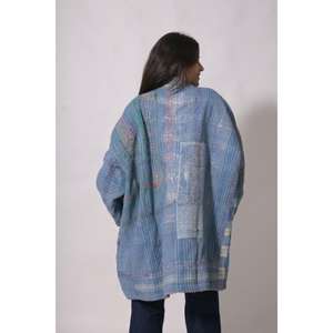 Chaqueta de Algodón Azul Índigo Transpirable y Ecológica, Kimono Vintage Kantha, Abrigo Boho Hecho a Mano, Colcha India, Talla Única, Invierno - Product Image 6