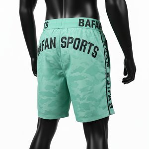 Short de bain homme 140 GSM, polyester et élasthanne à séchage rapide, menthe, avec logo personnalisé en transfert thermique et strass. - Product Image 5