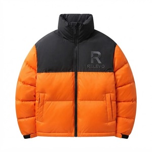 เสื้อแจ็คเก็ตพัฟเฟอร์บล็อกสีส้มดำสำหรับผู้ชาย ยี่ห้อ Relevo กันลม กันน้ำ มีฮู้ด ปิดด้วยซิป สไตล์ลำลอง เหมาะสำหรับฤดูใบไม้ผลิ มีโลโก้ด้านหน้า - Product Image 1
