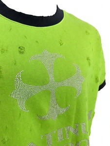 Custom Distressed Lime Green Rhinestone Cross Oversized Graphic Tee Two Piece Long Leather Sleeves Vintage Washed Y2K Heavy - Product Image 3