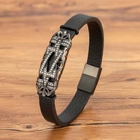 Bracelet élégant en cuir avec breloque étoile de David en acier inoxydable et zircon, personnalisable, bijou décontracté et tendance, en stock - Vente en gros MenneM