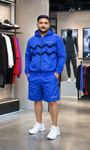 REXFIT SPORTS 2026 เสื้อแจ็คเก็ตมีฮู้ดและกางเกงขาสั้นผ้าไนลอนสีน้ำเงินรอยัลสำหรับผู้ชายแบบสั่งทำพิเศษ ชุดกีฬาแจ็คเก็ตกันลมน้ำหนักเบา - Product Image 5