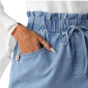 Mini-jupe en jean bleu clair pour femme, 100 % coton, taille haute, cordon de serrage, taille élastique, décontractée, avec poches, pour l'été et le quotidien - Product Image 3
