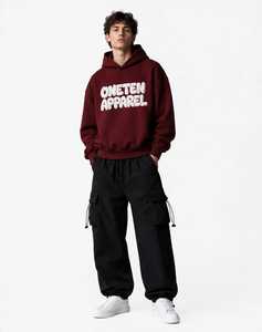 <b>Men's</b> Plus Size Autumn Knitted Fleece Hooded Pullover Sweatshirt <b>Burgundy</b> Solid Front Logo Regular Sleeve <b>Hoodie</b> - Product Image 1