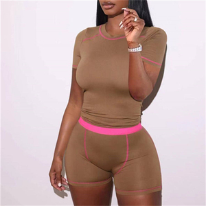 Women's Outdoor Casual Custom Logo 2 Piece Summer Shorts <b>Set</b> Polyester/Cotton Crop Top & Knee-Length Shorts - Product Image 1