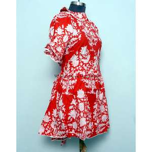 Haut style mini-robe 100 % coton pour femme, manches cloche décontractées, col rond, imprimé floral, taille naturelle, écologique, idéal pour les sorties décontractées - Product Image 5