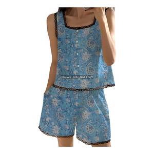 Conjunto de Pijama Corto de Encaje Estilo Casual para Mujer Tallas Grandes 2026, Conjunto de Pijama Floral sin Mangas Primavera/Verano con Estampado a Bloques al por Mayor - Product Image 5