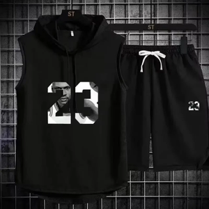 Nouvel ensemble sportif deux pièces été pour homme et femme : T-shirt sans manches à capuche + short de sport, idéal pour la gym et le style décontracté - Product Image 6