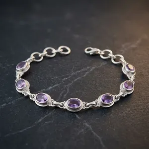Elegant Purple Amethyst 925 Sterling Silver Handmade Bezel Setting Bracelet For Women's Classic Jewelry Gift - Product Image 3