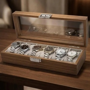 Caja de Madera para 6 Relojes, Estilo Nogal, con Tapa de Cristal, para Colgar, Almacenamiento de Relojes de Lujo, Regalo - Product Image 1
