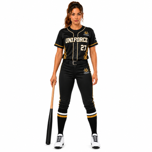 Conjunto de Uniforme de Softbol Personalizado para Mujer 2026, Negro y Dorado, Impresión por Transferencia de Calor, Antibacteriano, 100% Poliéster, Absorbe la Humedad - Product Image 1