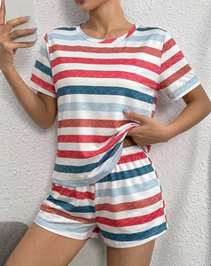 Women 2 Piece Striped Shorts Set Short Sleeve Crew Neck Loose Fit Casual Spring Summer Wear 100% Cotton Knitted Breathable - Product Image 1