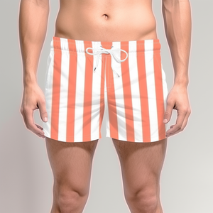 Shorts de Baño a Rayas para Hombre, Secado Rápido, Cintura con Cordón Ajustable, Estilo Casual, Rayas Verticales Blancas y Naranjas, Corte Medio - Product Image 6