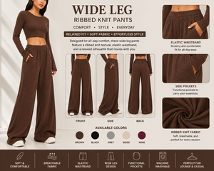 Women Brown Knitted Wide Leg <b>Pants</b> High Waist Loose Fit Full Length Casual Solid Color Elastic Waist Spandex Cotton Sweatpants - Product Image 5