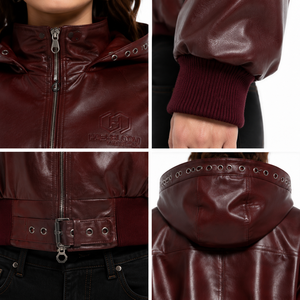 Blouson bomber en cuir de vachette ciré à capuche pour femme, coupe courte, avec logo, style streetwear minimaliste, personnalisable OEM - Product Image 4